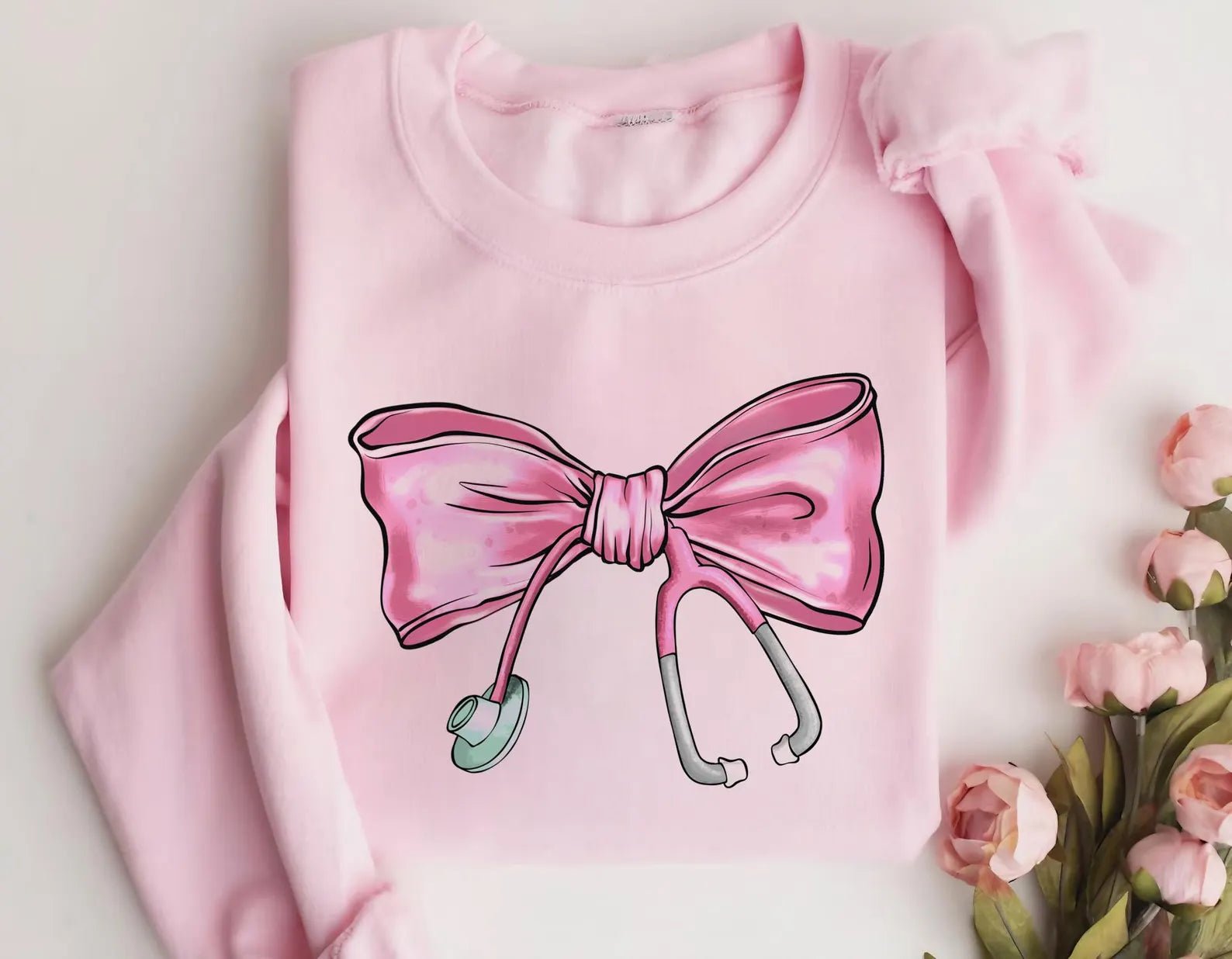 .. Coquette Nurse Stethoscope Bow Sweatshirt, Gift for Nurse, Bow Oversized Shirt, Nurse Appreciation, Christmas Gift for Nurse, Pink Bow - Digital Product Store