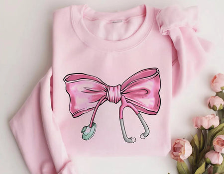 .. Coquette Nurse Stethoscope Bow Sweatshirt, Gift for Nurse, Bow Oversized Shirt, Nurse Appreciation, Christmas Gift for Nurse, Pink Bow - Digital Product Store