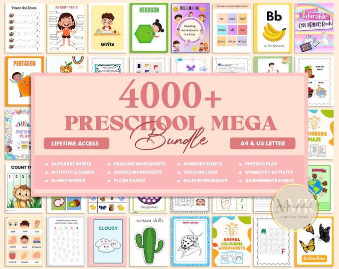 4000+ Preschool Curriculum Pre K Kindergarten Learning Bundle Toddler Homeschool Tutoring Activity Worksheets - Digital Product Store