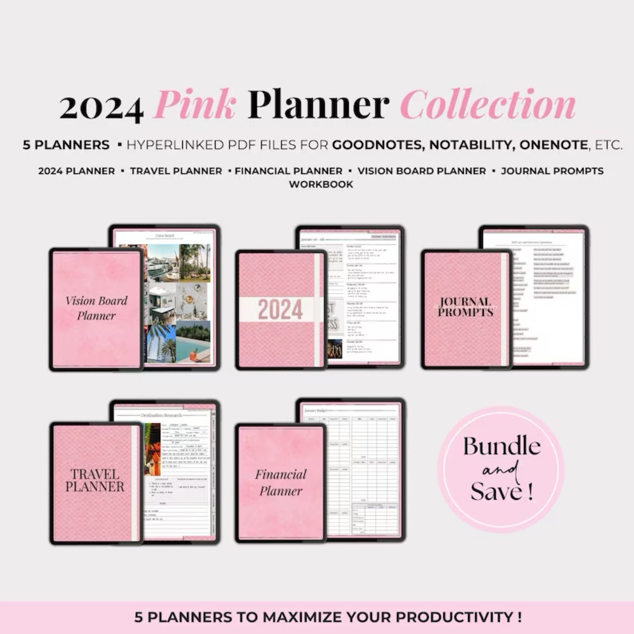 2024 Pink Digital Planner Bundle, Vision Board, Journal Prompts Workbook, Travel Itinerary Planner, Budget Planner, Goodnotes and Notability - Digital Product Store