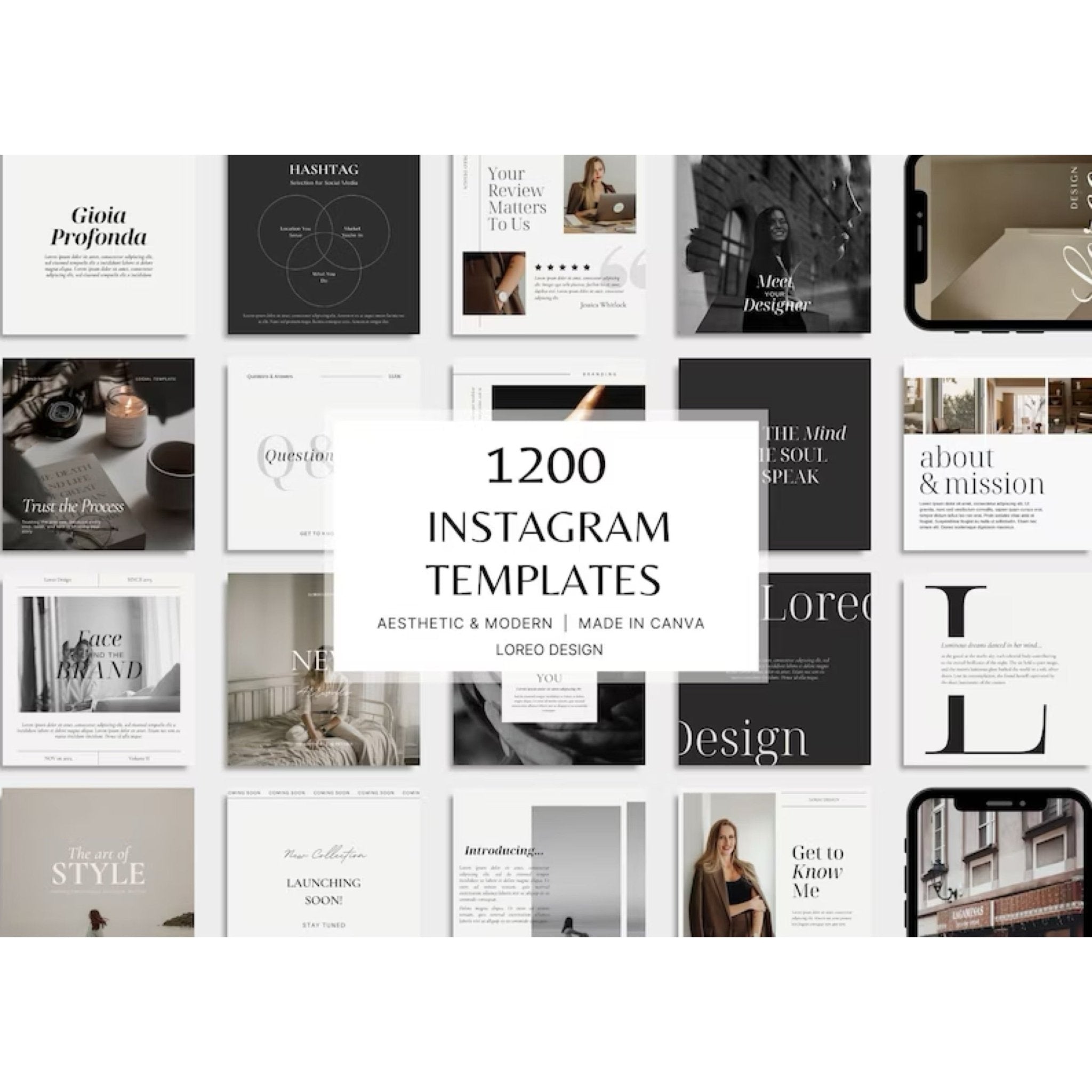 1200 Instagram Templates - Aesthetic | Modern | Minimal | Neutral | Black & White - Post - Stories - Business - Instagram Templates Canva - Digital Product Store
